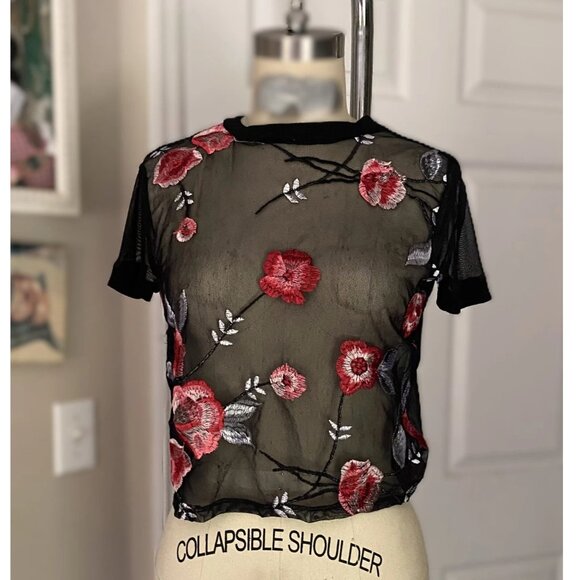 CHARLOTTE RUSSE Black Y2K Embroidered MESH Crop Cropped Shirt TOP *X-SMALL* B74 - Picture 1 of 5